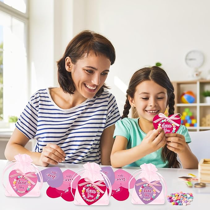 BeYumi DIY Bracelet Craft Kit - 24 Pack Mother's Day LOVE Letter Beads Bracelets with Heart Greeting Cards and Bags Thankful Craft Kit to Mother Grandma School Classroom Party Fun Activities Ages 6-12