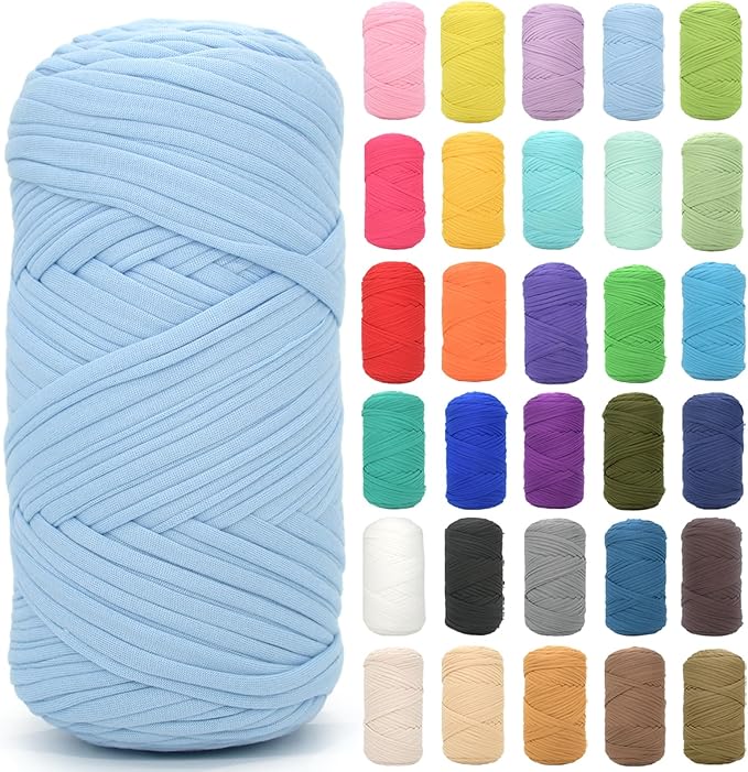 Tshirt Yarn for Crocheting,Sky Blue T Shirt Chunky Elastic Fabric Thick T-Shirt Crochet Yarn for Beginners Crocheting Hand Knitting Bag/Basket/Coasters/DIY Crafts/Home Decor 200G(Sky Blue