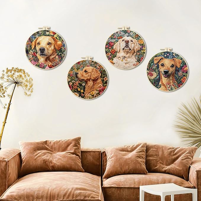 LB 4 Pack Cute Dog Flower Embroidery Kit for Beginners Funny Animal Beginner Embroidery Kit for Adults DIY Starter Kit with Embroidery Hoop Colorful Threads Tools Step by Step Instructions