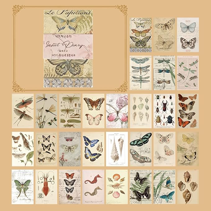 60 Sheets Junk Journal Ephemera Kit, 30 Unique Vintage Scrapbook Paper Patterns for Bullet Journal, Planner Supplies, 3x2 inch (80x50mm) Collage Material (Nature Insects)