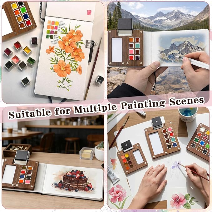 Mini Watercolor Travel Paint Set - 3.7in Mini Watercolor Palette Kit, Pocket Water Color Palette Kit with 18 Colours Paint, Sketchbook, Pens, Wooden Paint Box for Painters Artists Students