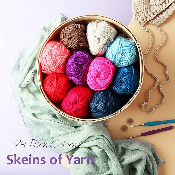 Acrylic Yarn Skeins 24 x 50g - 2400 Yards - Yarn for Crocheting - Soft Crochet Yarn for Knitting and Crafts - Multicolored Crochet Craft Yarn for Adults and Kids - 24 Pack
