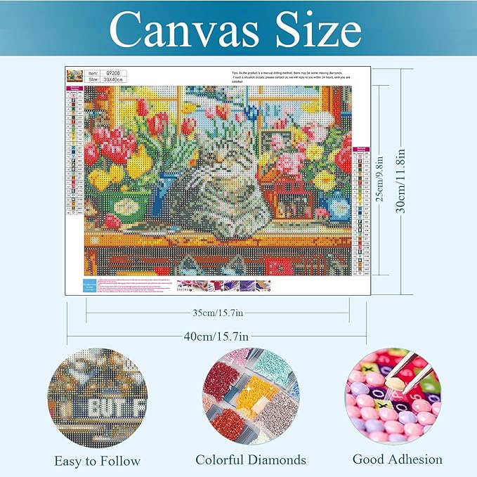 Gemozaic Cat Diamond Painting Kits for Adults, Flowers Cat Diamond Art Kits for Adults, Gem Painting Kit for Adult for Gift Home Wall Decor, 12x16 Inch