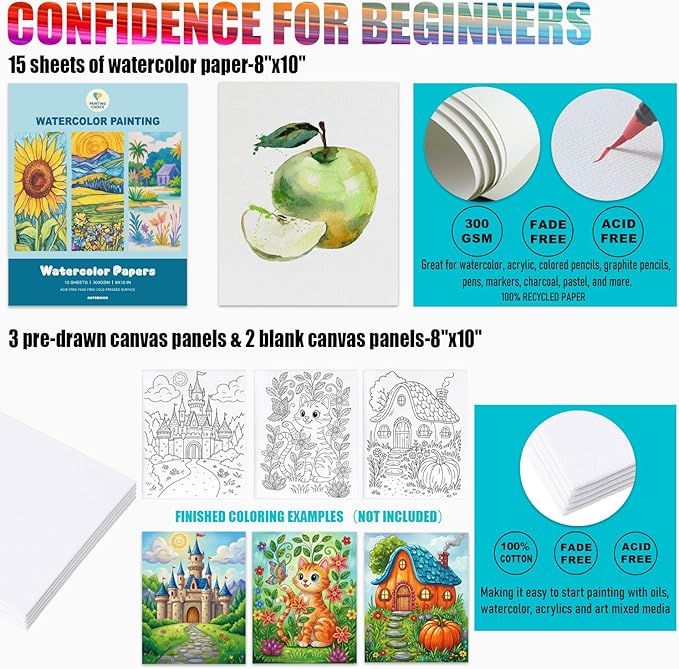 Watercolor Paint Set with 18 Vivid Jumbo Tubes (24ml&50ml), Complete Art Supplies with Guided Canvas Panels, Table Easel, Watercolor Papers, Brushes, Paint Kit for Students Beginners Young Artists