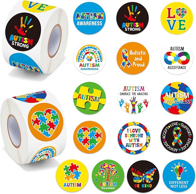 beyumi autism awareness roll stickers - 1000pcs autism awareness sticker in 2 rolls waterproof vinyl puzzle pieces ribbon decal fundraiser event laptop bottle notebook luggage gift decor for kids teen
