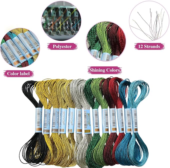 13 Skeins Embroidery Thread, 10 Colors Metallic Embroidery Floss Set, Polyester Cross-Stitch Threads for Hand Embroidery, String Art（10 Colors）