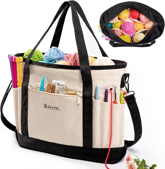 Canvas Yarn Storage Organizer Bag Washable Crochet Bag with Pockets for Yarn, Hooks, Needles – Travel Knitting Tote for Crafters – Gift for Crocheters & Knitters (Medium/Large)