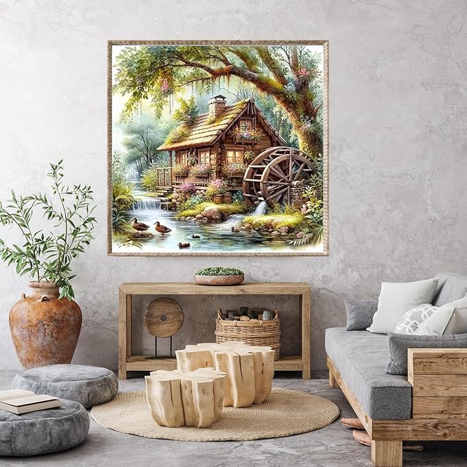 Countryside Diamond Art Kits for Adults, Diamond Painting Kits for Adults for Beginners, DIY Water Wheel Diamond Dots Art Kits, 5D Full Round Drill Gem Art Painting Kits for Home Wall Decor, 14x14in