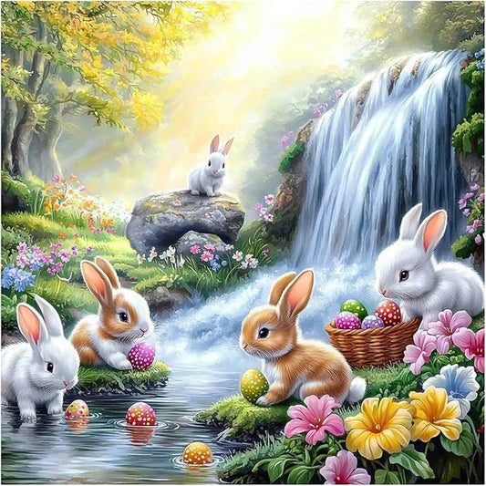 QENSPE Diamond Painting Easter Art Kits, DIY Cute Rabbit Full Drill Diamond Art for Adults, 5D Flower Round Diamond Dots Paintings Landscape Gem Crystal Crafts Home Wall Decor Gifts 30x30cm