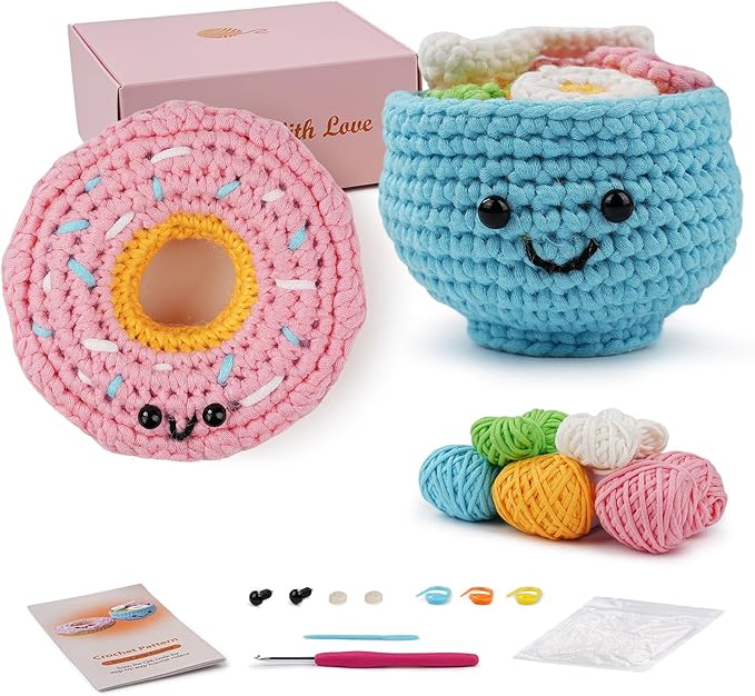 LetCartMaker Beginner Amigurumi Crochet Kit with Video Tutorials - Pizza, Croissant or Dessert Theme | Complete Starter Set for Kids & Adults (Yarn, Hook, Eyes Included) (Donut & Dessert Cup Duo)