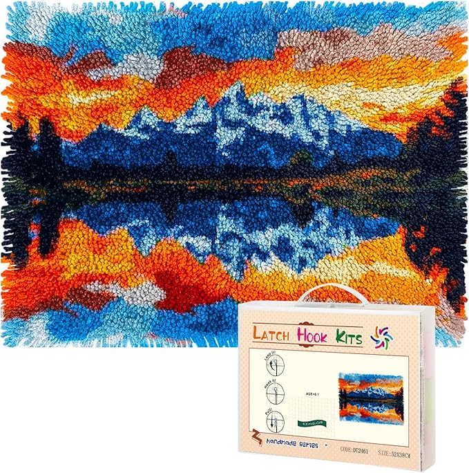 Latch Hook Rug Kit Landscape of Mountain Lake Pre-Printed Handmade Carpet Crochet Yarn Craft DIY Hook and Latch Door Mat Tapestry for Home Floor Decoration 52x38cm-1