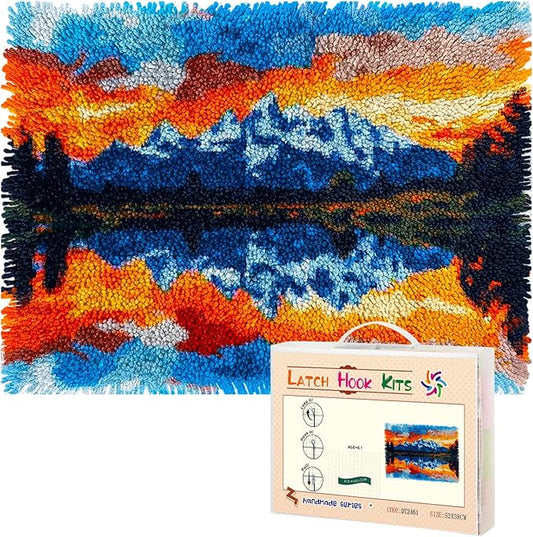 Latch Hook Rug Kit Landscape of Mountain Lake Pre-Printed Handmade Carpet Crochet Yarn Craft DIY Hook and Latch Door Mat Tapestry for Home Floor Decoration 52x38cm-1