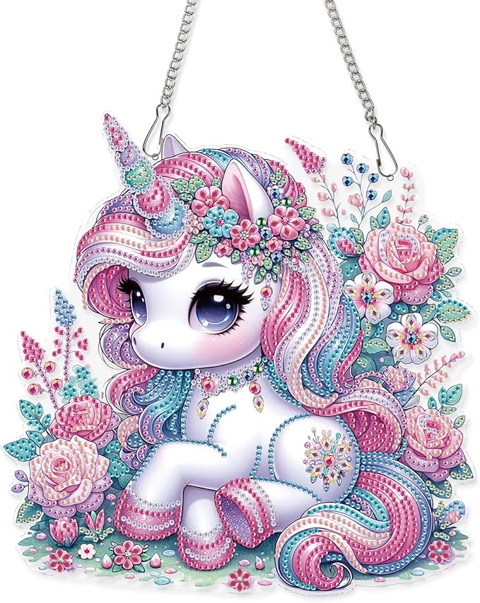 AiYuanzsh Pink Unicorn Special Shape Diamond Painting Hanging Kit for Adults, 5D Crystal Rhinestone Diamond Art Ornament Fantasy Floral Design for Window Wall Home Decor