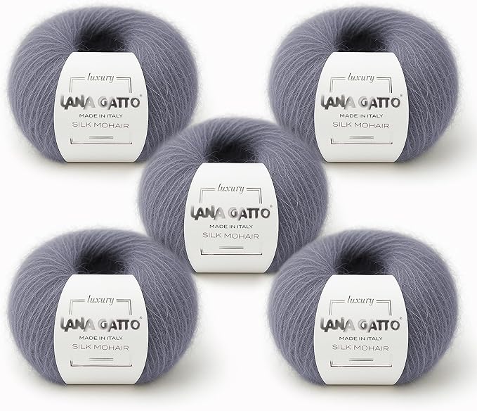 Silk Mohair Yarn for Knitting – Lace Weight Mohair Yarn with Silk, Made in Italy – Gray-30480, 5 Skeins
