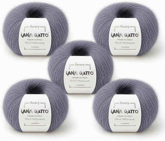 Silk Mohair Yarn for Knitting – Lace Weight Mohair Yarn with Silk, Made in Italy – Gray-30480, 5 Skeins