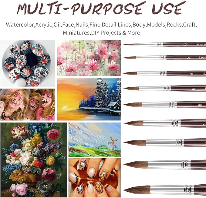Sable Watercolor Brushes, Fuumuui 9pcs Detail to Mop Sable Brushes Round Pointed Professional Water Color Brushes Perfect for Watercolor Gouache Acrylic Ink Painting