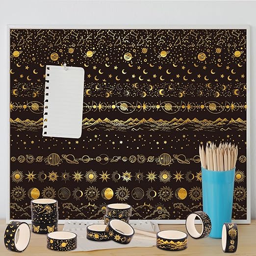 Whaline 12 Rolls Gold Foil Galaxy Washi Tape Black Gold Sun Moon Star Masking Tape Set Decorative Wrapping Paper Tapes for Scrapbook Journal DIY Art Crafts