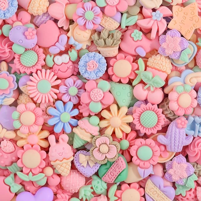 100PCS Macaroon Flower Slime Charms Cute Flatback Resin Charms for Slime, Kawaii Random Decoden Charm for Embellishments Phone Junk Case Charms Bulk,Hairpins Scrapbooking Crafting DIY Decor