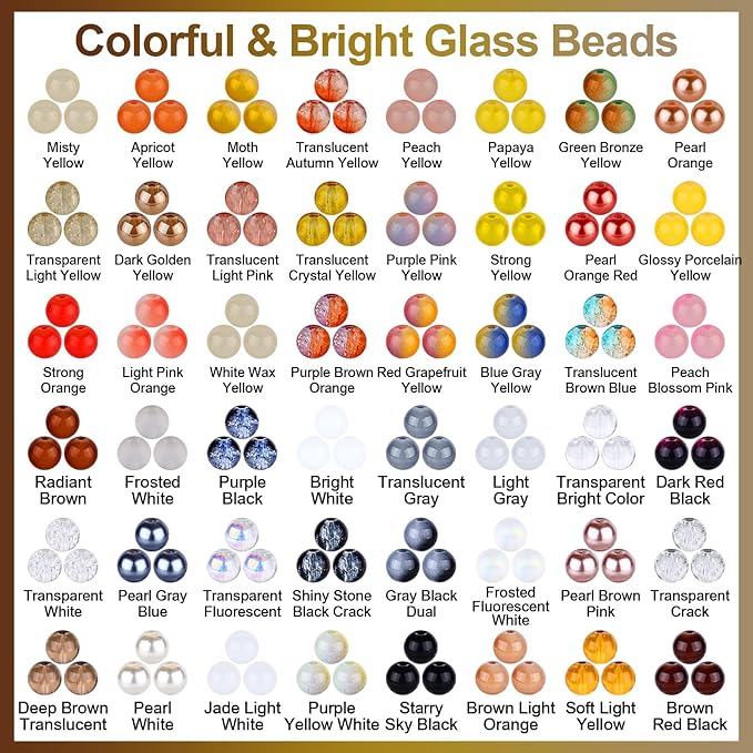XSEINO About 1200PCS 8mm Glass Beads Bracelet Making Kit，48 Assorted Yellow and Black-White Series Colorful Crystal Beads for Making and DIY Crafts