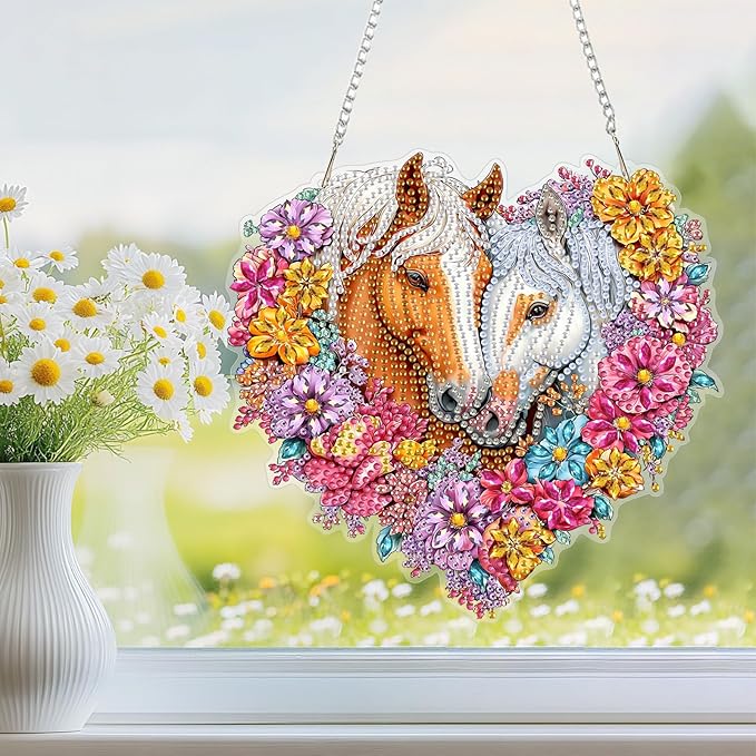 Hanging Diamond Art Kit for Adult, Horse Couple With Flowers, 5D Special Shaped Rhinestone Diamond Painting Ornament, Horses, DIY Acrylic Diamond Art Painting Window Pendants Home Garden Wall Decor