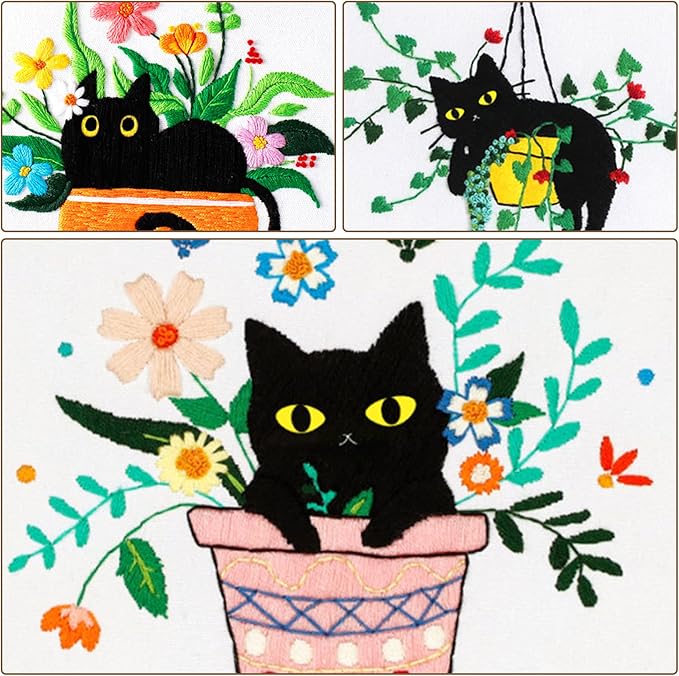 Nuberlic 3 Sets Cute Cat Embroidery Kit for Adults Beginners, Stamped Cross Stitch Starter Kits Include Needlepoint Cloth Hoops Needles Threads and Instruction
