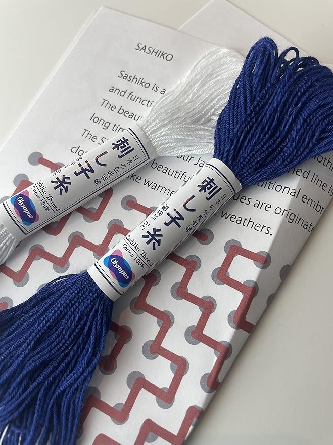 Sashiko Starter Bundle - 12 skeins of Olympus Thread, 2 Needles, and a Leather Thimble with English Instruction