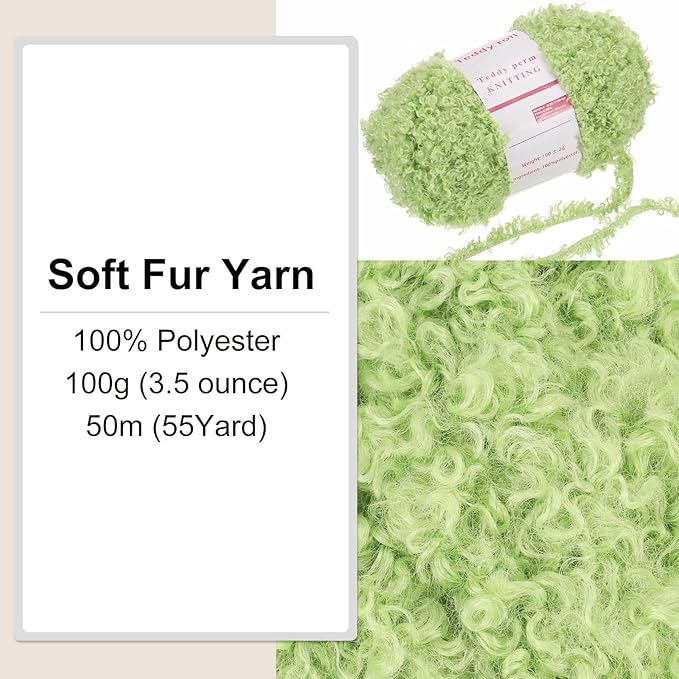 MECCANIXITY Fur Yarn Soft Fluffy Chunky Yarn Fuzzy Eyelash Yarn Green for Crocheting Knit Clothes Bag - 55Yard/50m, 3.43ozx1