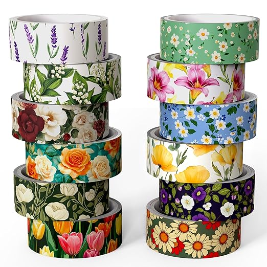 12 Rolls Flower Washi Tape Set, Colorful Floral Decorative Tape Vintage Botanical Masking Tape for Journaling Supplies, Junk Journal, Scrapbooking, DIY Arts & Crafts, Gift Wrapping