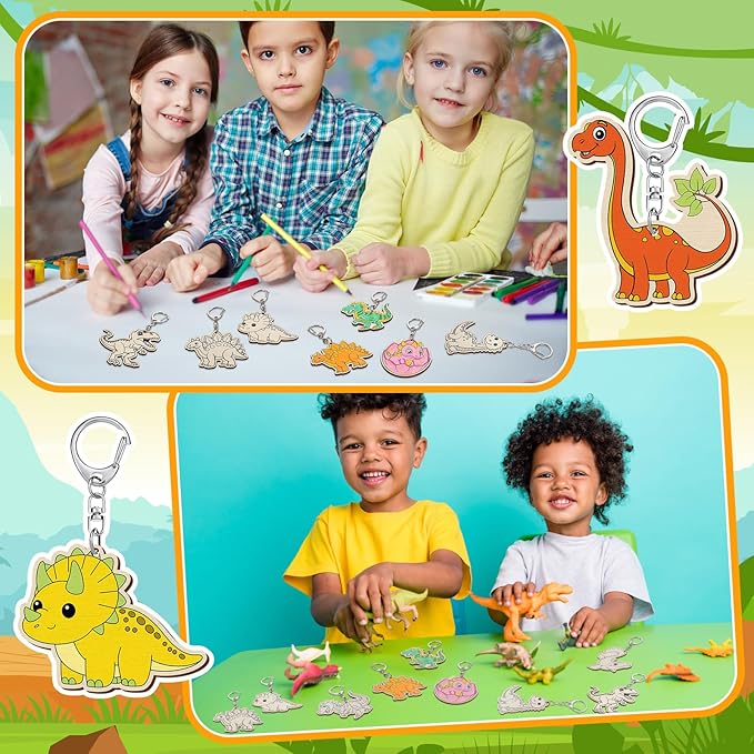 Trnayi 36 Pcs Dinosaur Unfinished Wooden Keychains Color Your Own Unfinished Dinosaur Wooden Crafts Blank Wood Painting DIY Crafts for Birthday Home Activities Arts Project Decor