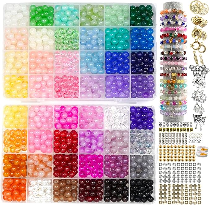 Hanyoung 8mm Glass Beads for Bracelet Making kit,48 Colors 1450 pcs Clear Glass Beads for Jewelry Making, Crystal Round Bracelet kit for DIY Craft Gifts (Solid Color)
