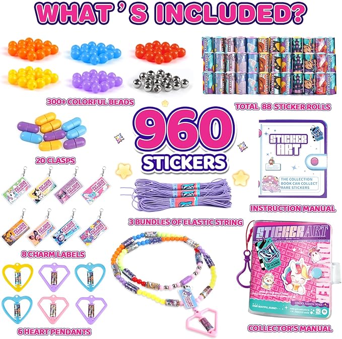plunack 960pcs waterproof & wearable & shareable sticker for kids, bracelet with sticker collection book, fun craft stickers for girls birthday gift, jewelry making bracelets kit for ages 5 6 7 8