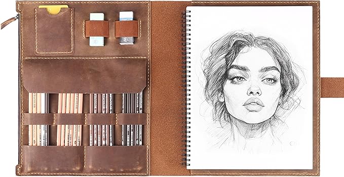 Leather Sketchbook Cover for A4/9"x12" sketch pads - Handmade Genuine Leather Artist Case with Pencil Holder & Zipper Pocket, Professional Drawing Supplies(Brown, 9"x12")