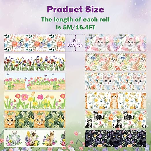 Spring Flower Washi Tape - 12 Roll Vibrant Cat Flower Scrapbook Washi Colored Painters Masking Decorative Adhesive Tape Set School Office Diy Craft Scrapbooking Journal Supplies Gift Wrapping