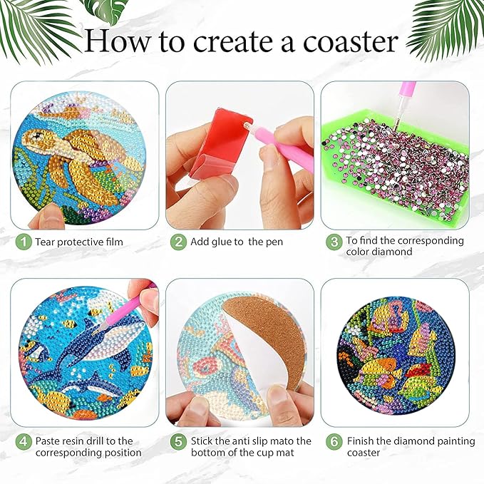 EWJRNSF 6 PCS Small Diamond Art Coasters Kits, Diamond Painting Coasters, Fall Diamond Art Kits for Adults Beginners, Arts and Crafts Item Sets with Holder for Drinks. Ocean