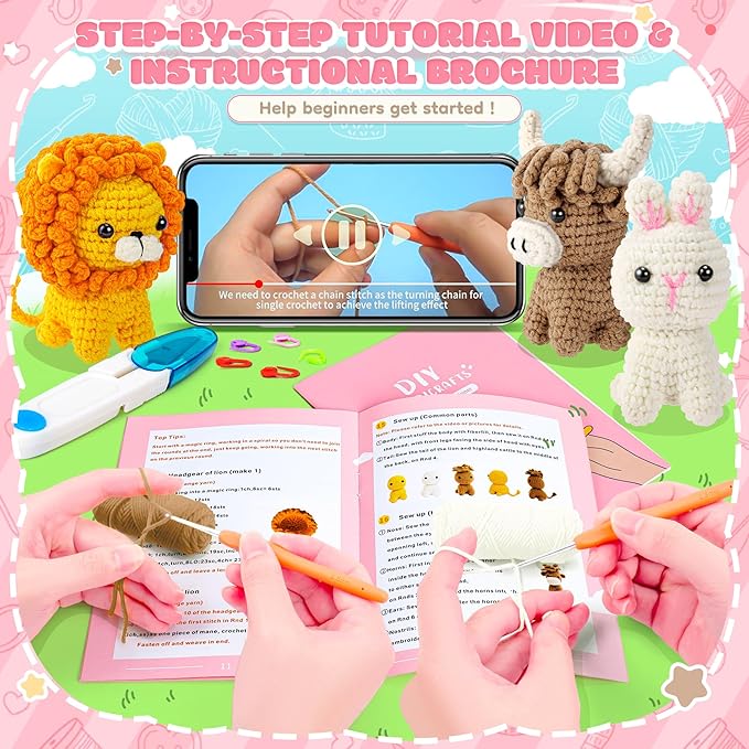 fortuning's jds crochet kit for beginners, amigurumi crochet animal kits, crocheting kit for starters adult with step-by-step video tutorials, animal kits with highland cow, lion, bunny