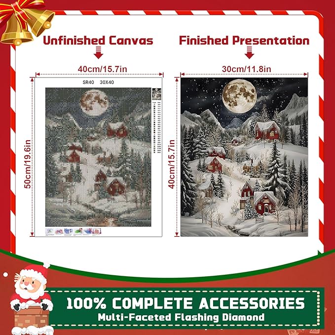 EMIEAUFG Christmas Diamond Art Kits for Adults, Christmas Snow Scenery Diamond Paiting Kit for Beginners, 5D DIY Round Full Drill Craft Diamond Dot Gem Art, Home Wall Decor 12" x 16"