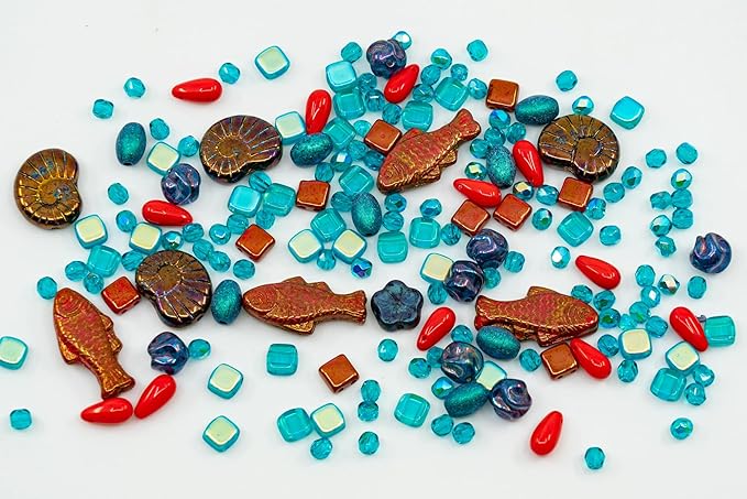 2.1 oz (60 g) Mix of Unique Czech Bohemia Glass Pressed Beads, Matte and Glossy, Hand Made, Coral Red Turquoise New