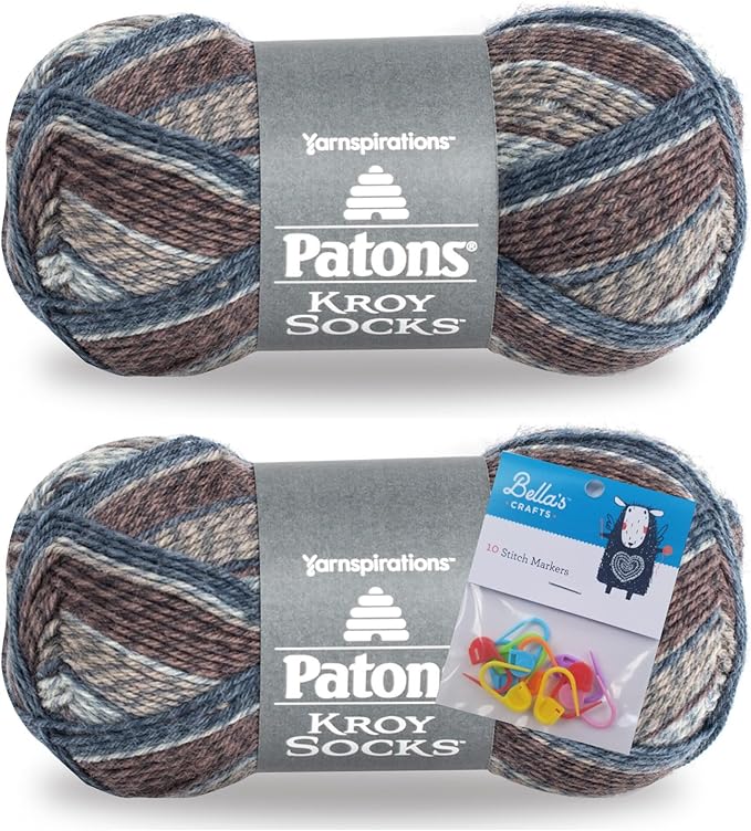 Patons Kroy Socks Yarn 2-Pack Bundle with Bella's Crafts Stitch Markers (Blue Brown Marl)