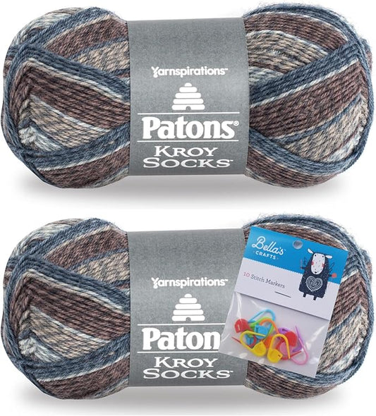 Patons Kroy Socks Yarn 2-Pack Bundle with Bella's Crafts Stitch Markers (Blue Brown Marl)