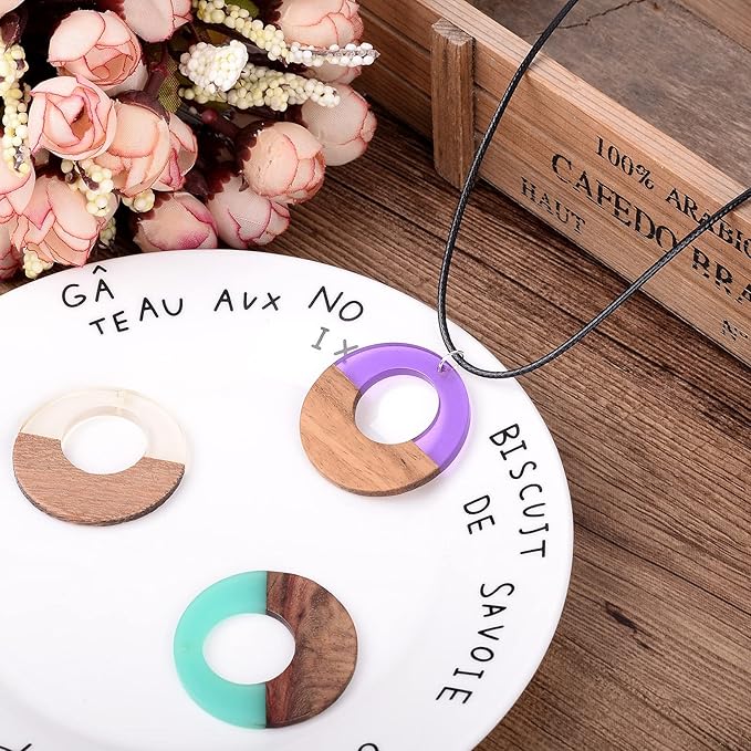 Beadthoven 18pcs/9 Pairs Natural Wood Resin Charms Hollow Round Circle DIY Earrings Pendants Mixed Colors Round Ring Wooden Pieces Pendants for Statement Jewelry Making Findings