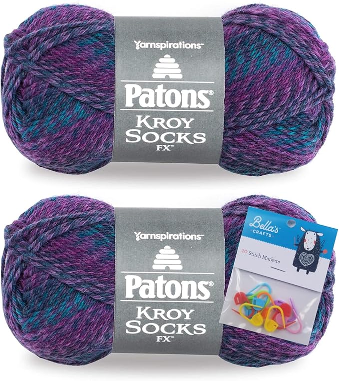Patons Kroy Socks FX Yarn 2-Pack Bundle with Bella's Crafts Stitch Markers (Celestial Colors)