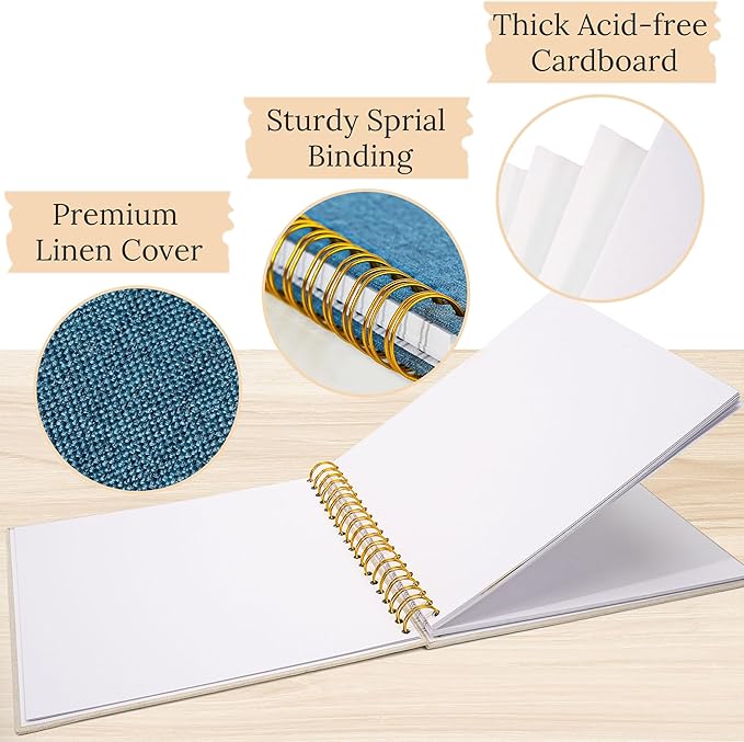 Scrapbook Photo Album Linen Cover, 10 x 10 Inch Hardcover Kraft White Pages Memory Book, for Travel Wedding Guest Book Christmas Baby Shower (40 Sheets/ 80 Pages,Blue)