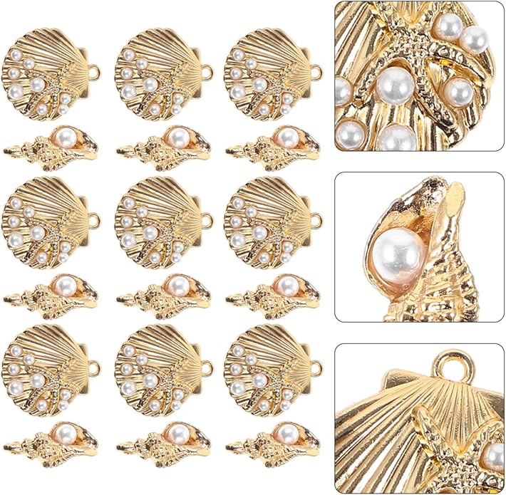 TEHAUX 20Pcs Gold Shell Charms for Jewelry Making, Enamel Alloy Conch Shell and Seashell Charms with Faux Pearl, Ocean Beads Pendants for DIY Necklaces Bracelets (Light Gold)