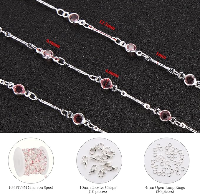 KYUNHOO 16.4 Feet Pink Rhinestone Bead Jewelry Chain Roll Stick Links Silver Chains for Jewelry Making with Connectors DIY Handcrafts