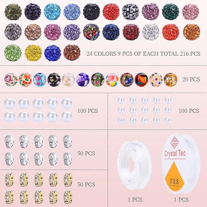 AIPRIDY Jewelry Making Beads Set, 300 PCS 10mm Rhinestone Clay Beads, 8mm Mixed Color Spacer Beads with Pearl and Floral Beads for DIY Jewelry Making (White + Green Series)