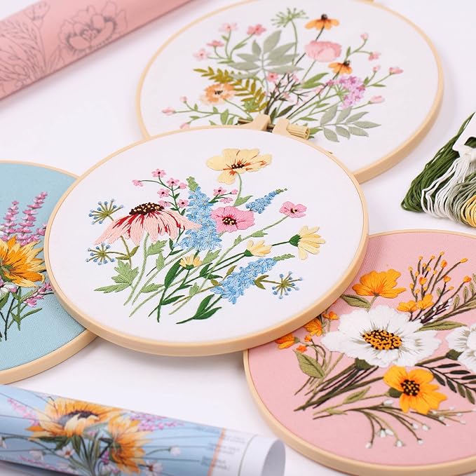4pcs embroidery kits for beginners, including printed embroidery cloth with flower patterns, 2 plastic embroidery rings, 1 pair of scissors, colored threads, needles and an embroidery instructions