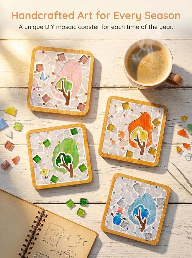 4 Sets DIY Mosaic Kits for Adults with Wooden Coasters, Mixed Color Glass Mosaic Tiles Craft Kits for Adults Women, Complete Mosaic Coaster Making Kit for Home Decor Gifts (4, Sweet Style)