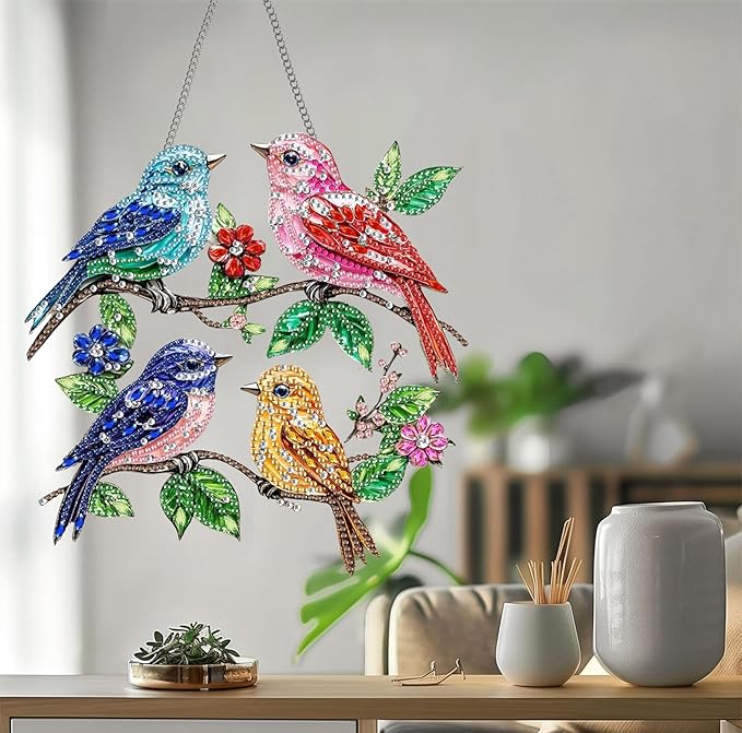 Bimkole Bird Diamond Art Hanging Kit for Adult, DIY 5D Branches Diamond Art Painting Window Pendant, Acrylic Crystal Art Hanging Ornament for Wall Home Garden Front Door Decor - 7.8x7.8 Inch
