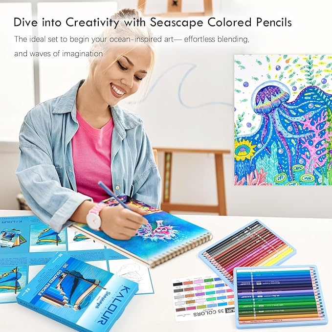 36-piece Blue Seascape Colored Pencil Set, Pre-sharpened Wooden Colored Pencils for Adults Artists Beginners Coloring Books Drawing & Sketching