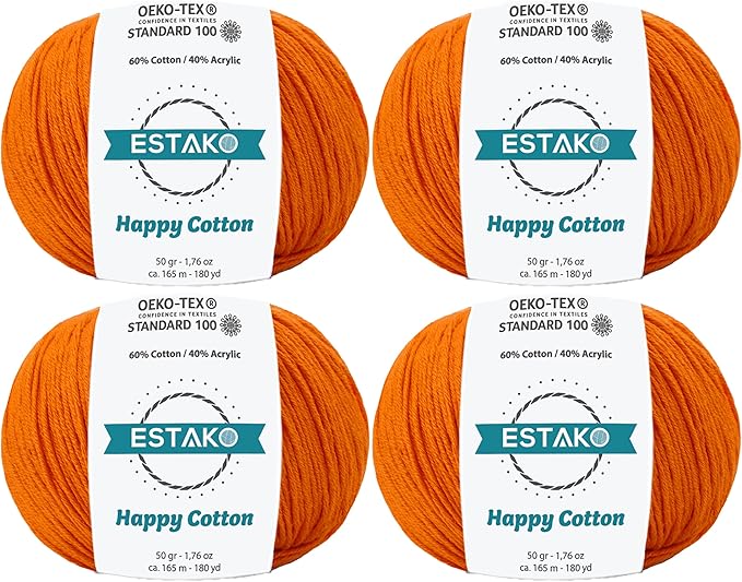 Estako Happy Cotton, (4 Skeins Pack) 60% Cotton 40% Acrylic Yarn, Soft, Fine/Sport (2) for Crochet and Knitting (4 x 1.76 Oz) / (4 x 180 Yrds) (4720 - Orange)